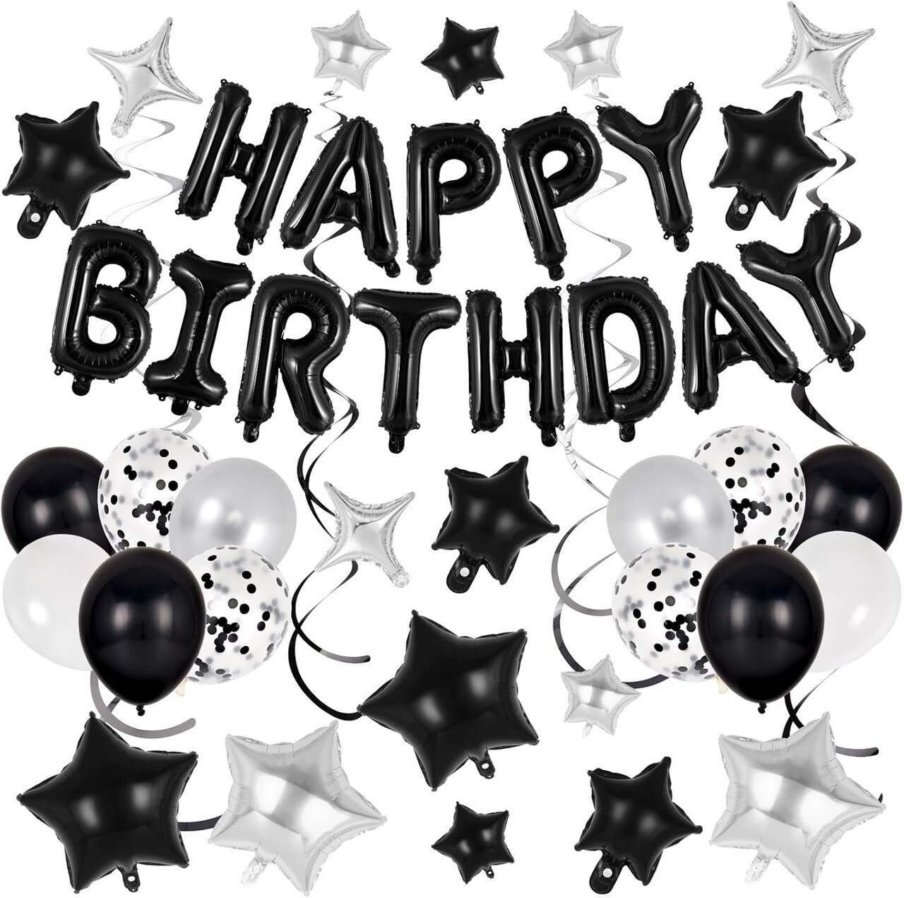 55PCS Happy Birthday Balloon Set – Black Foil Letter Banner with 35 Star Balloons, 20 Latex Balloons & 6 Hanging Swirls for Women, Men, Boys & Girls Party Decorations (Black) 7 x 6 x 0.1 inches